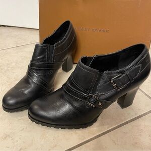 Audrey Brooke “Shootie” Black Heels 10M, Treaded-Lug Type Soles. Gently worn